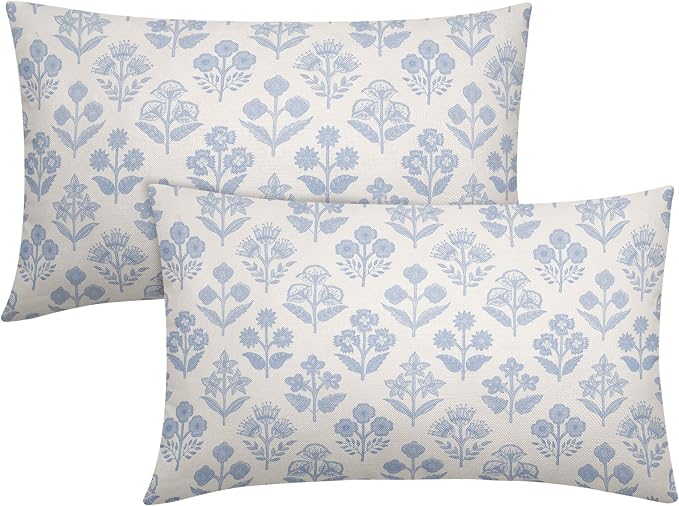 Baby Blue Floral Pillow Covers 12x20 Inch Set of 2, Vintage Flower Block Print by Sivirary
