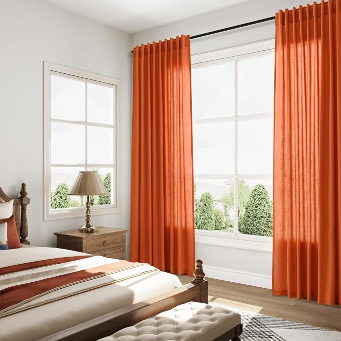 Nanspring Bright Orange Linen Blend Light Filtering Back Tab Curtains 84 Inches - Image 8