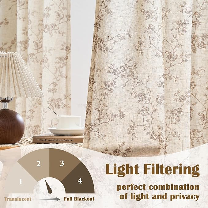 Lazzzy Taupe Floral Linen Curtains 84 Inch Farmhouse Curtain Back Tab Drapes - Image 3