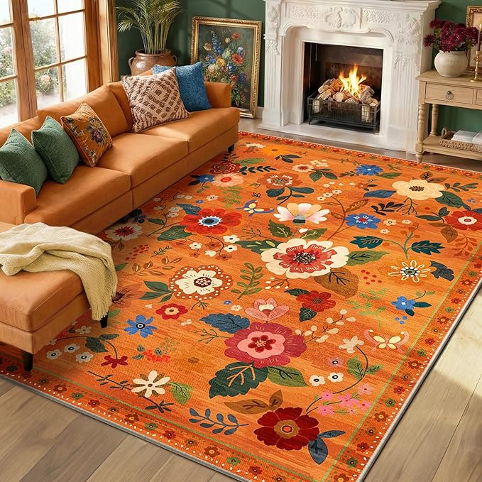 RELEANY Floral Nursery 8x10 Area Rugs Washable Print Boho Cute Carpet Non Slip by RELEANY