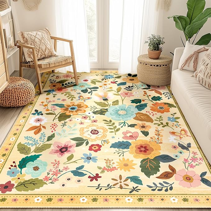 RELEANY Floral Nursery 5x7 Area Rugs Washable Print Boho Cute Carpet Non Slip by RELEANY