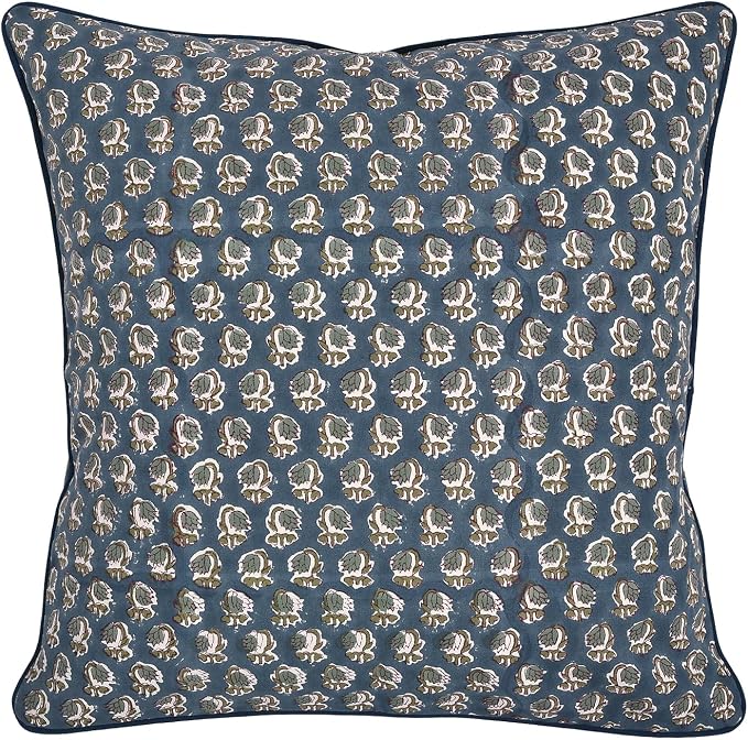 Ridhi Block Print Peacock Blue Pillow Cover 20" x 20" Decorative Couch Pillows - Image 5