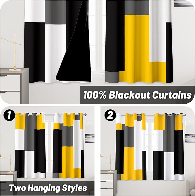 Tyrot Yellow 100% Blackout Curtains 45 inch Length 2 Panels Set Black White - Image 2