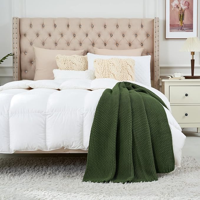 Chunky Cable Knit Throw Blanket Lightweight Olive Green 100% Organic Cotton - Image 4