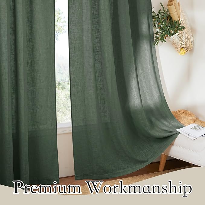 RYB HOME Olive Green Linen Sheer Curtains 84 inches, 2 Panels Rod Pocket Living - Image 5