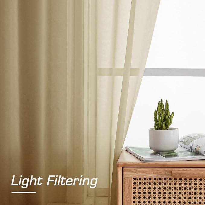 OWENIE Gold Sheer Curtain 96 Inch Long 2 Panels Set, Light Filtering Clear Rod - Image 2