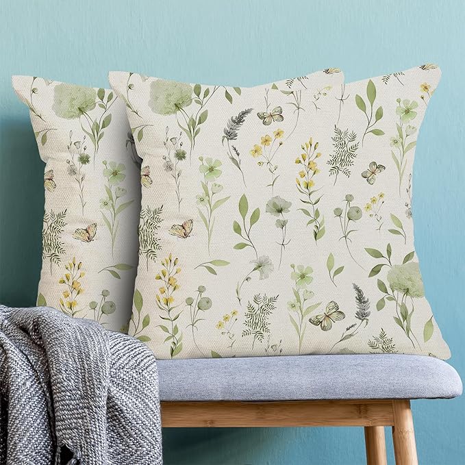 AEIOAE Spring Pillow Covers 18x18 Inch Set of 2, Sage Green Yellow Wild Flower - Image 2