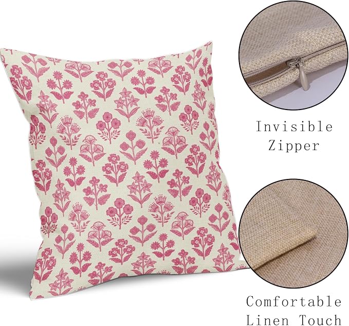 Hot Pink Floral Pillow Covers 16x16 Inch Set of 2, Vintage Flower Block Print - Image 4