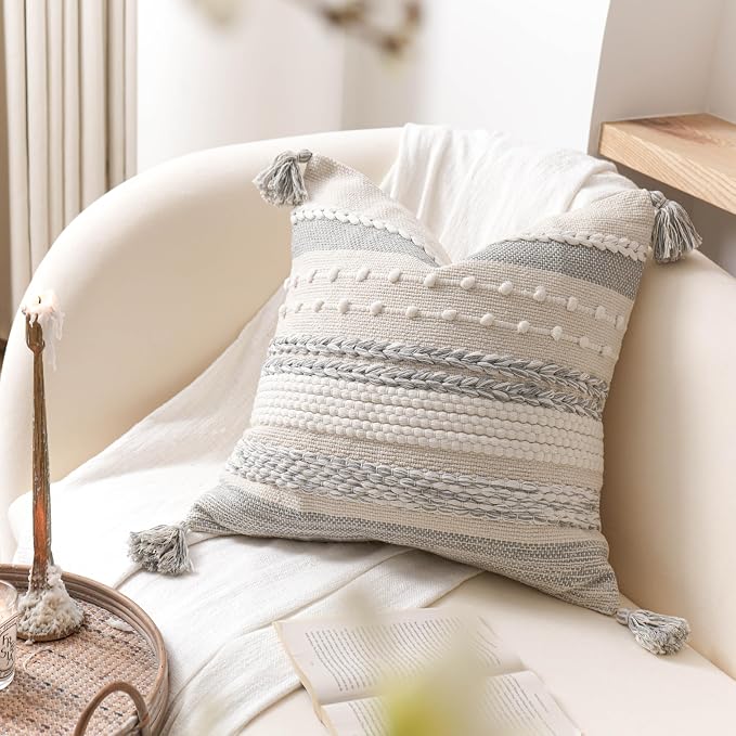 BlissBlush Gray Boho Decorative Throw Pillow Cover 20x20 Square Farmhouse - Image 9