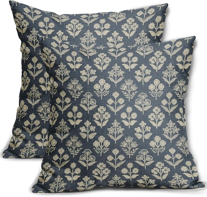 Dusty Blue Floral Block Print Pillow Covers 18x18 Inch Set of 2, Vintage Flower by Sivirary