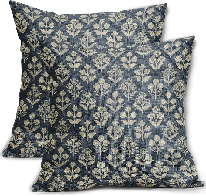 Dusty Blue Floral Block Print Pillow Covers 16x16 Inch Set of 2, Vintage Flower by Sivirary