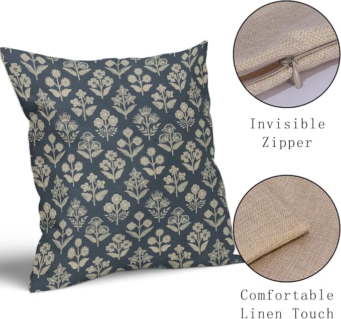 Dusty Blue Floral Pillow Covers 24x24 Inch Set of 2, Vintage Flower Block - Image 4
