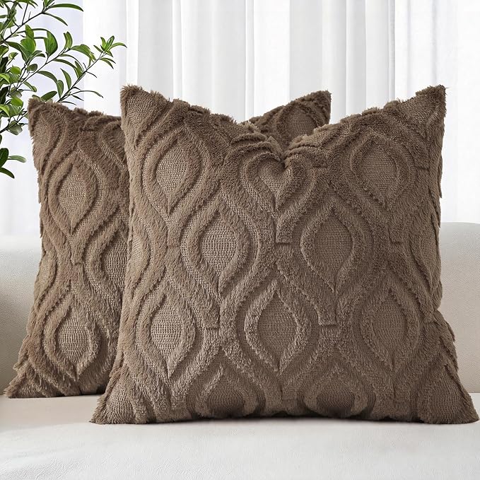 decorUhome Throw Pillow Covers 16x16 Inch Set of 2, Soft Plush Faux Wool Brown by decorUhome