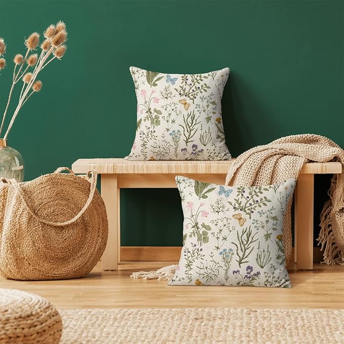 AEIOAE Spring Pillow Covers 22x22 Inch Set of 2, Sage Green Wild Flower Plant - Image 2