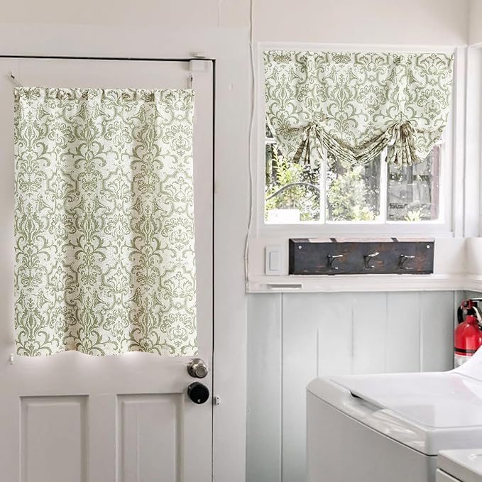 jinchan Linen Tie Up Valance for Window Flax Floral Drapes Vintage Farmhouse - Image 9