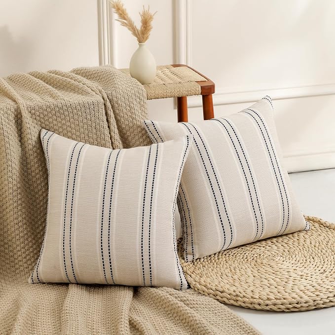 Hckot Throw Pillow Covers 22x22 Set of 2 Striped Pillow Covers Textured Linen - Image 3