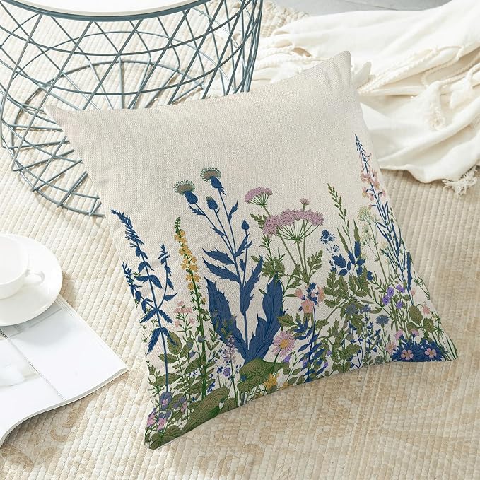 AEIOAE Navy Blue Teal Pillow Covers 20x20 Inch Set of 2, Spring Wildflower - Image 4