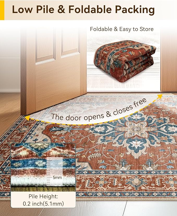 Area Rugs 5'x7' Washable Non-Slip, Floral Vintage Distress Print Pattern - Image 7