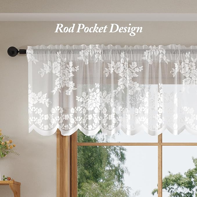 Rinwoc White Lace Semi-Sheer Valance Cafe Curtains – Vintage Floral Lace Tier - Image 5