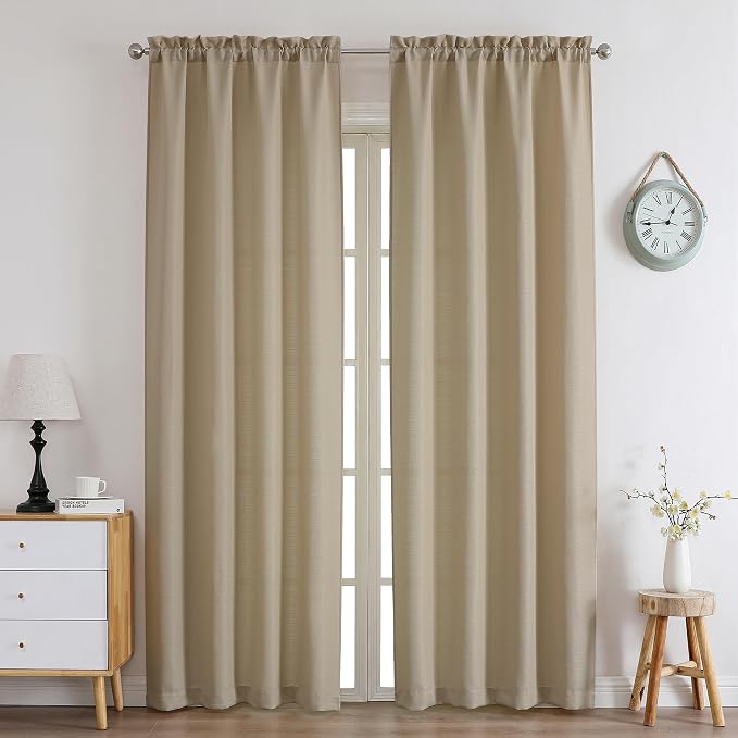 Chyhomenyc Camel Curtains 96 Inch Length 2 Panels, Faux Linen Textured Semi - Image 2