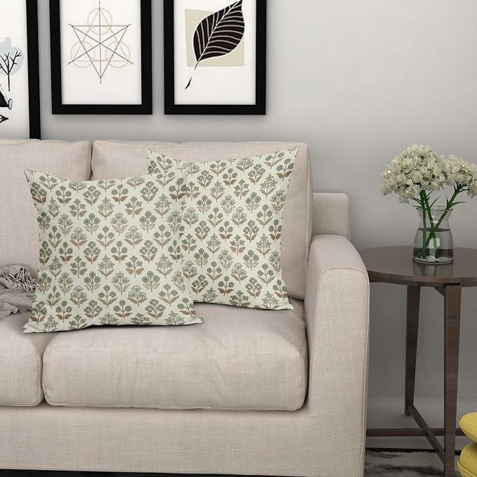 Brown Green Floral Pillow Covers 24x24 Inch Set of 2, Vintage Flower Block - Image 7