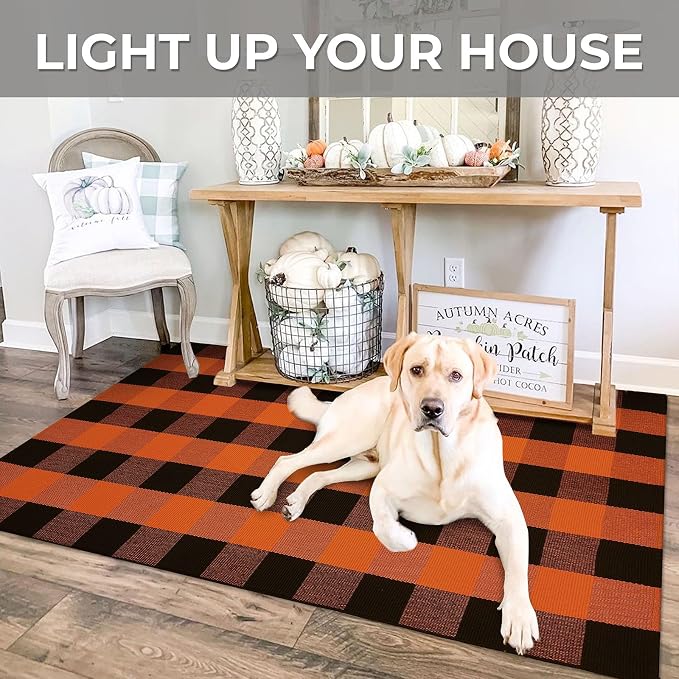 IOHOUZE Fall Buffalo Plaid Check Rug Outdoor Doormat 3x5 Ft Washable Woven - Image 4