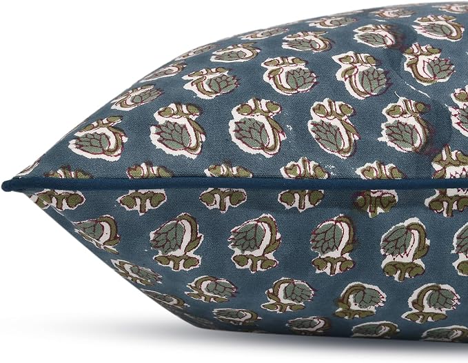 Ridhi Block Print Peacock Blue Pillow Cover 24" x 24" Decorative Couch Pillows - Image 4