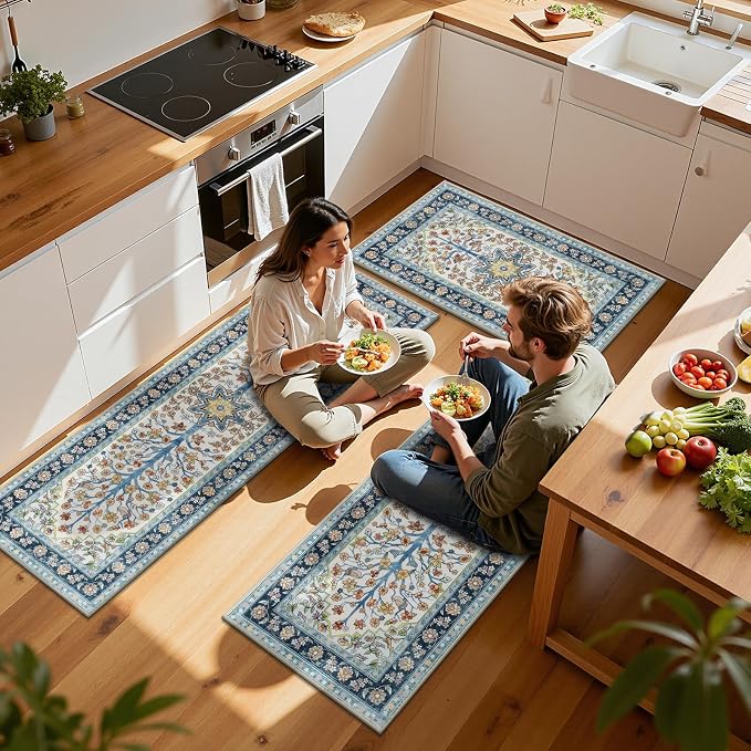 HEBE Boho Kitchen Rugs Sets of 3 Non Slip Washable Farmhouse Kitchen Rugs and - Image 3