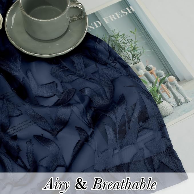 Lecloud Leia Navy Blue Kitchen Sheer Curtains 24 Inch 2 Pcs, Jacquard Leaf - Image 2