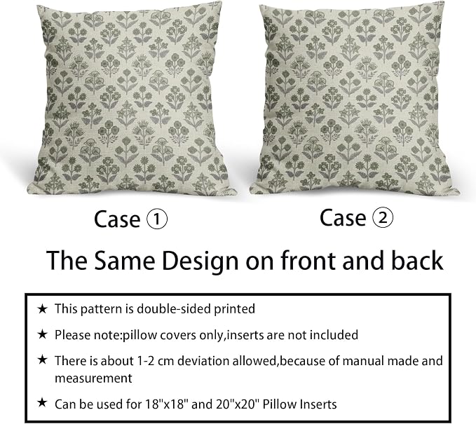 Green Grey Gray Floral Block Print Pillow Covers 16x16 Inch Set of 2, Vintage - Image 6