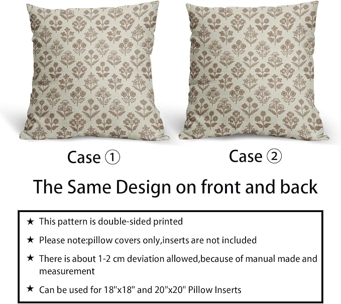 Brown Floral Pillow Covers 16x16 Inch Set of 2, Vintage Flower Block Print - Image 6
