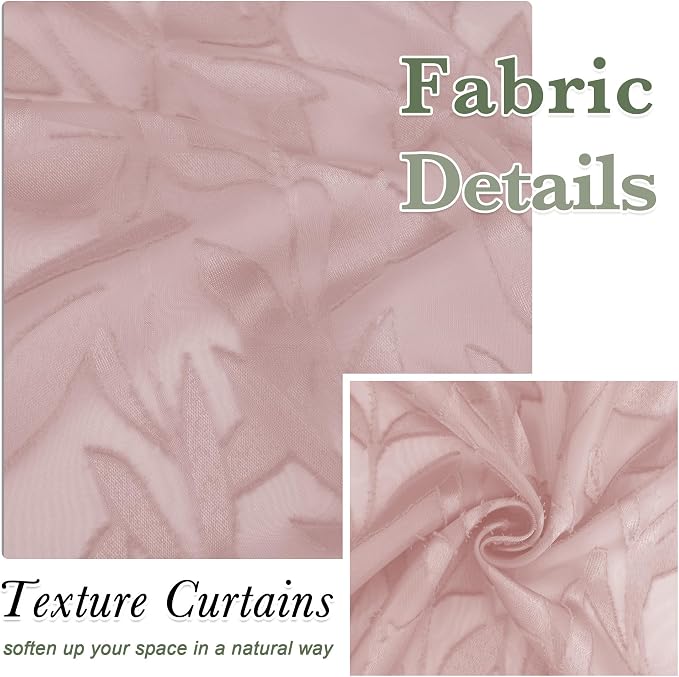 Lecloud Leia Blush Pink Kitchen Sheer Curtains 24 Inch 2 Pcs, Jacquard Leaf - Image 4