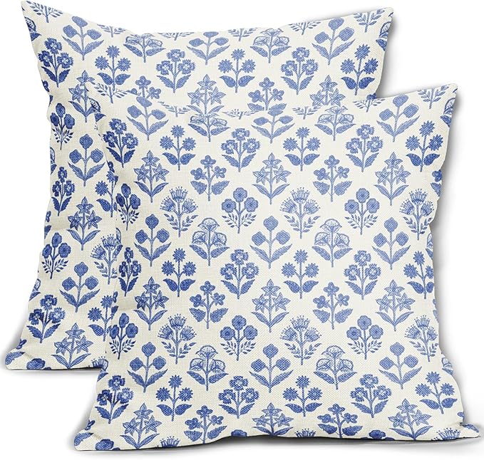 Blue Floral Block Print Pillow Covers 16x16 Inch Set of 2, Vintage Flower by Sivirary