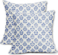 Blue Floral Pillow Covers 22x22 Inch Set of 2, Vintage Flower Block Print by Sivirary