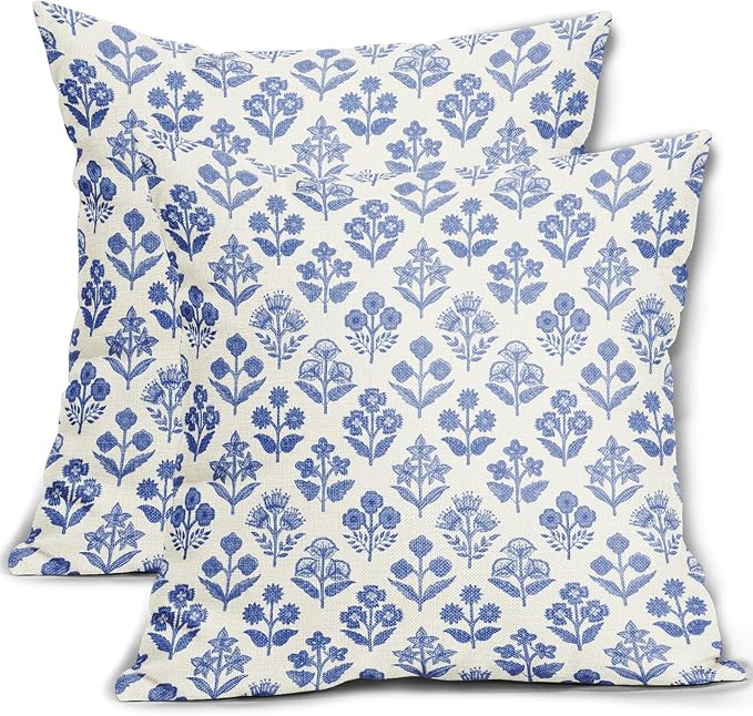 Blue Floral Pillow Covers 22x22 Inch Set of 2, Vintage Flower Block Print by Sivirary