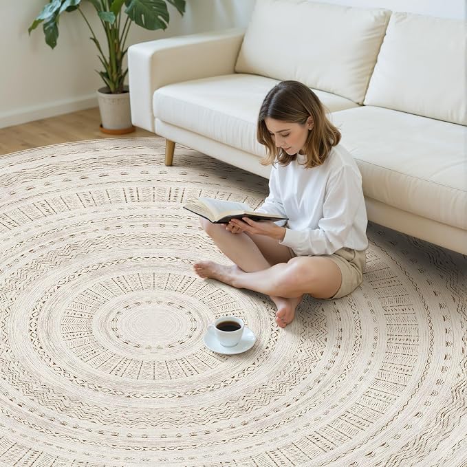 cotiled 8x8 Round Area Rug Living Room: Washable Boho Rugs - Image 5