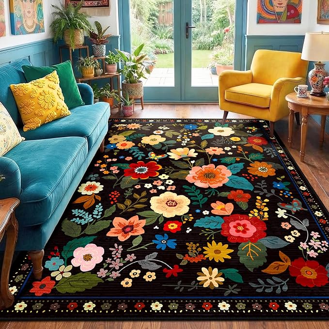 RELEANY Floral Nursery 6x9 Area Rugs Washable Print Boho Cute Carpet Non Slip by RELEANY