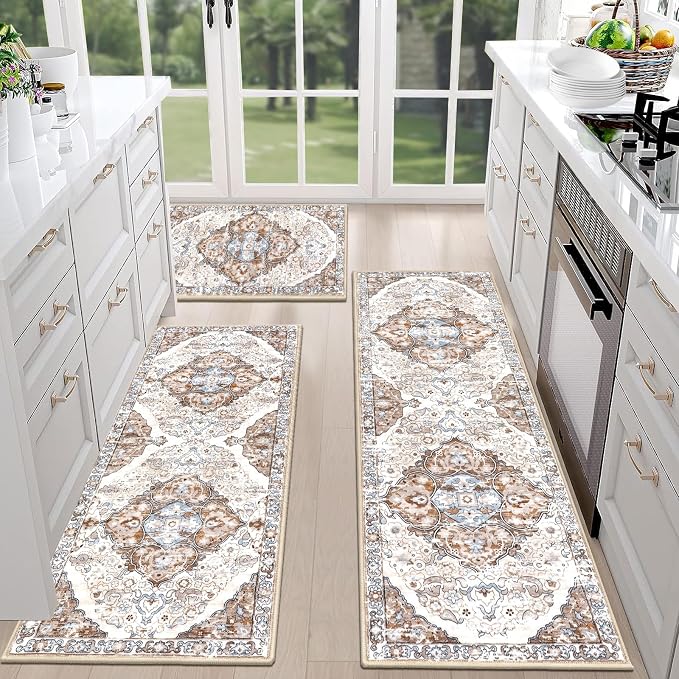 HEBE Farmhouse Kitchen Rugs Sets of 3 Non Slip Washable Boho Kitchen Rugs and by HEBE