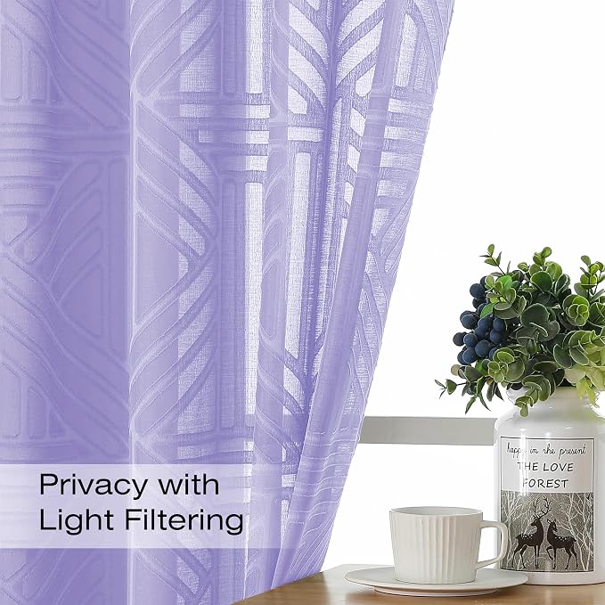 Simplebrand Lavender Semi Sheer Curtains 45 Inch Length 2 Panels, Geometric - Image 2