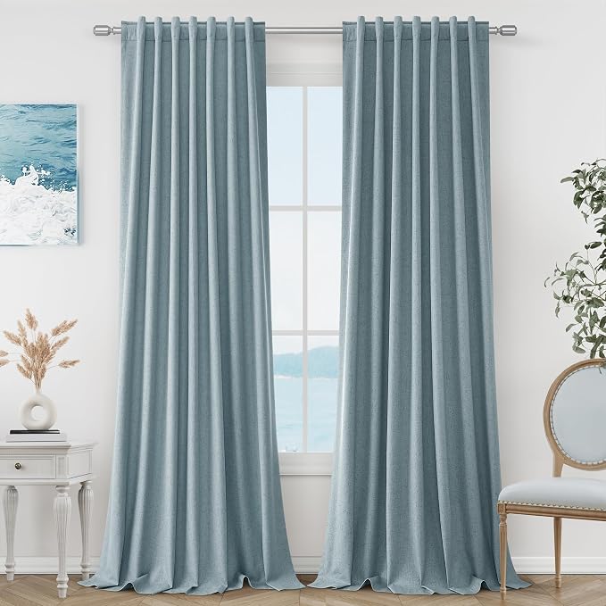 Guken Blue 100% Blackout Linen Curtains 120 Inch Length 2 Panels Set by Guken
