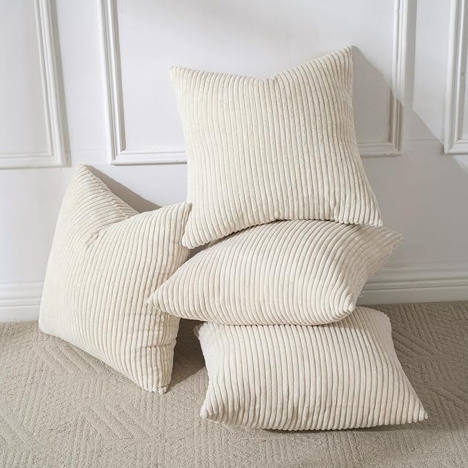 Volcanics Set of 4 Beige Cream Corduroy Decorative Couch Throw Pillow Covers by Volcanics