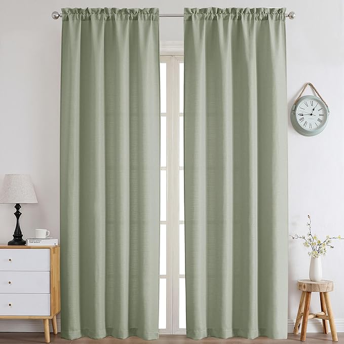 Chyhomenyc Bennet Light Green Curtains 96 Inches Long 2 Panels, Faux Linen by Chyhomenyc