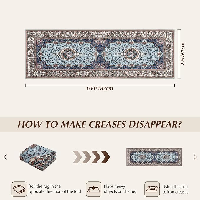 Runner Rug for Bedroom, 2x6Ft Machine Washable Area Rugs, Vintage Non-Slip Low - Image 2