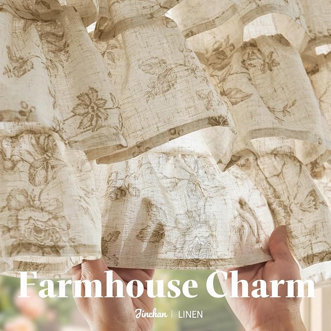 jinchan Amlie Ruffled Floral Valance Curtain Shabby Chic Linen Kitchen Valance - Image 6