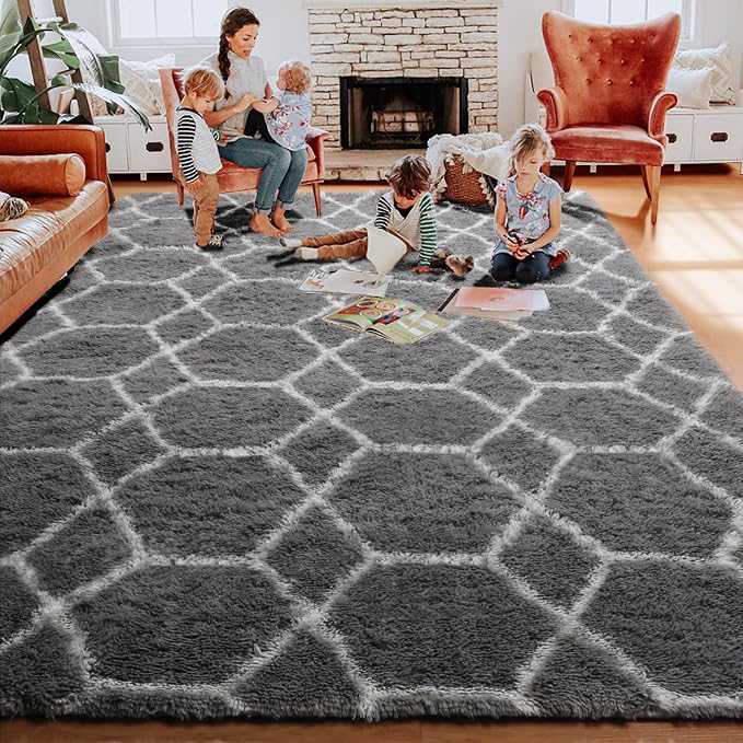 ONASAR Area Rugs for Living Room Bedroom, 5x8 Fluffy Grey and White Rug - Image 6