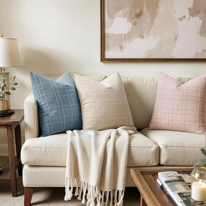 MIULEE Decorative Linen Check Throw Pillow Covers Neutral Farmhouse Vintage - Image 3