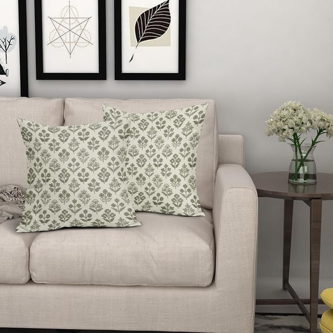 Olive Green Floral Pillow Covers 24x24 Inch Set of 2, Vintage Flower Block - Image 7
