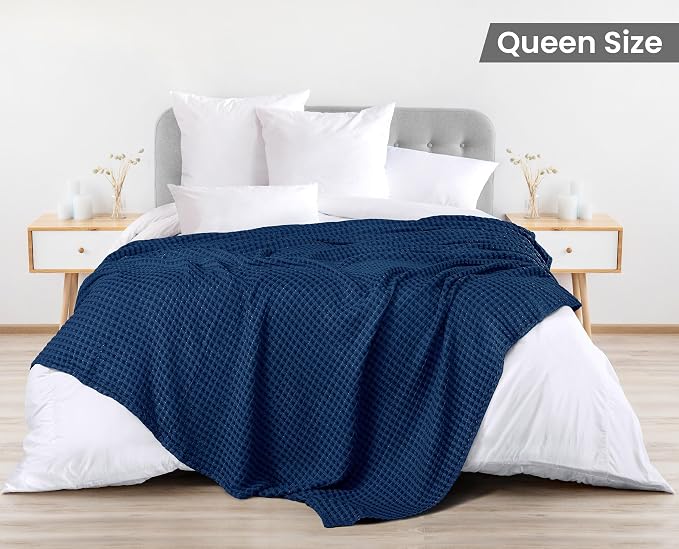 Utopia Bedding Navy 100% Cotton Waffle Blanket 300 GSM Soft Lightweight - Image 2