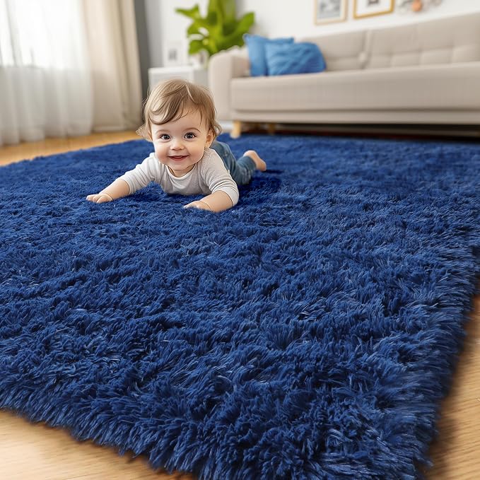 Amdrebio Navy Blue Area Rugs for Boys Bedroom, 5x7 Shag Fluffy Furry Plush Rug - Image 7