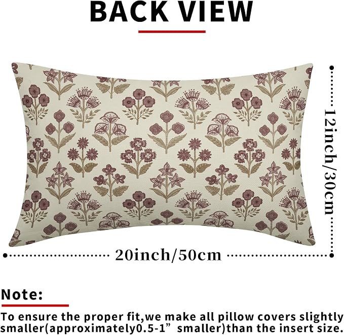 Brown Burgundy Floral Pillow Covers 12x20 Inch Set of 2, Block Print Lumbar - Image 3